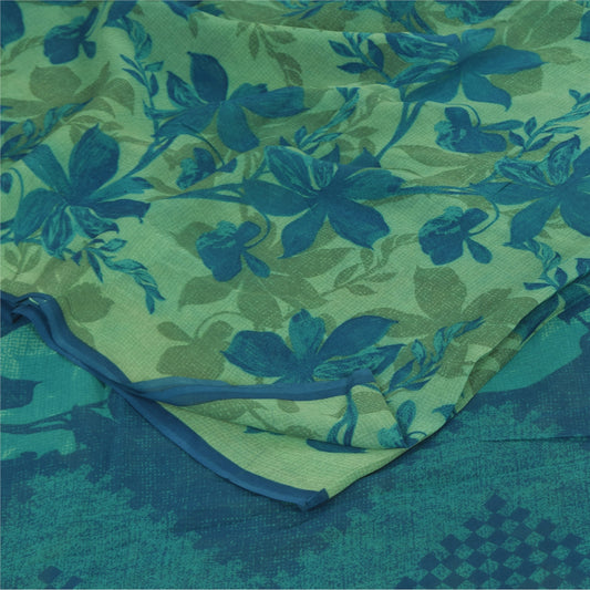 Sanskriti Vintage Sarees Green/Blue Pure Georgette Print Sari 5+yd Craft Fabric