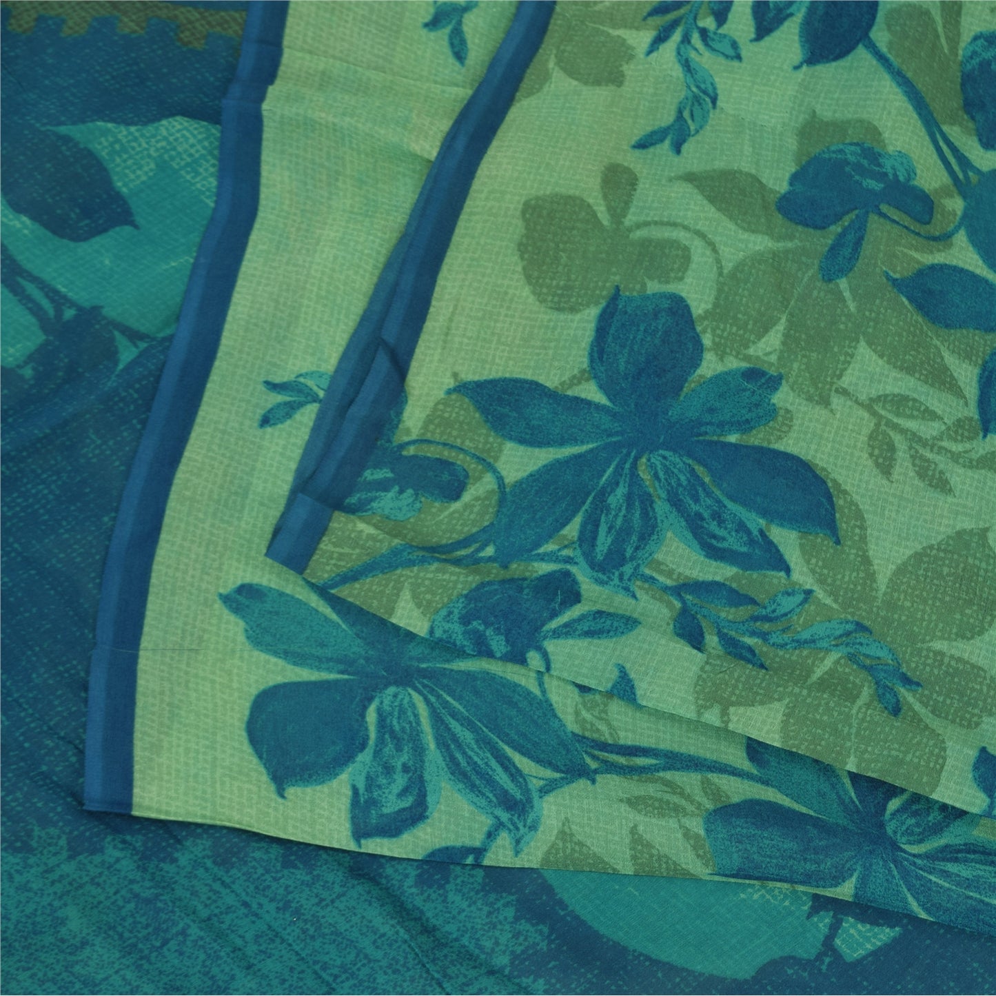 Sanskriti Vintage Sarees Green/Blue Pure Georgette Print Sari 5+yd Craft Fabric