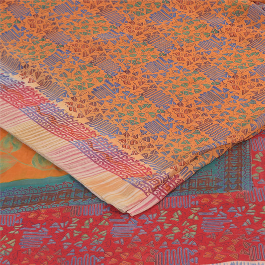 Sanskriti Vintage Sarees Orange/Red Pure Georgette Silk Printed Sari 5+yd Fabric