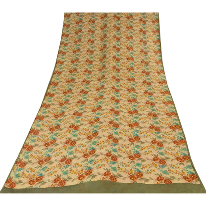 Sanskriti Vintage Sarees Cream Pure Georgette Silk Print Sari 5+yd Craft Fabric