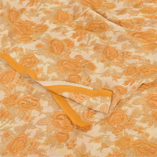 Sanskriti Vintage Sarees Orange/Cream Pure Georgette Silk Print Sari 5+yd Fabric