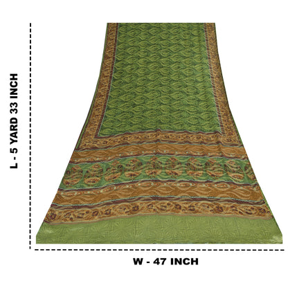 Sanskriti Vintage Sarees Green Pure Georgette Silk Print Sari 5+yd Craft Fabric