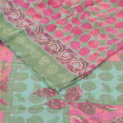 Sanskriti Vintage Sarees Pink/Green Pure Georgette Printed Sari 6yd Craft Fabric