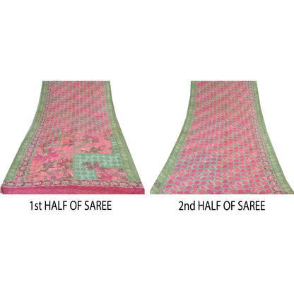 Sanskriti Vintage Sarees Pink/Green Pure Georgette Printed Sari 6yd Craft Fabric