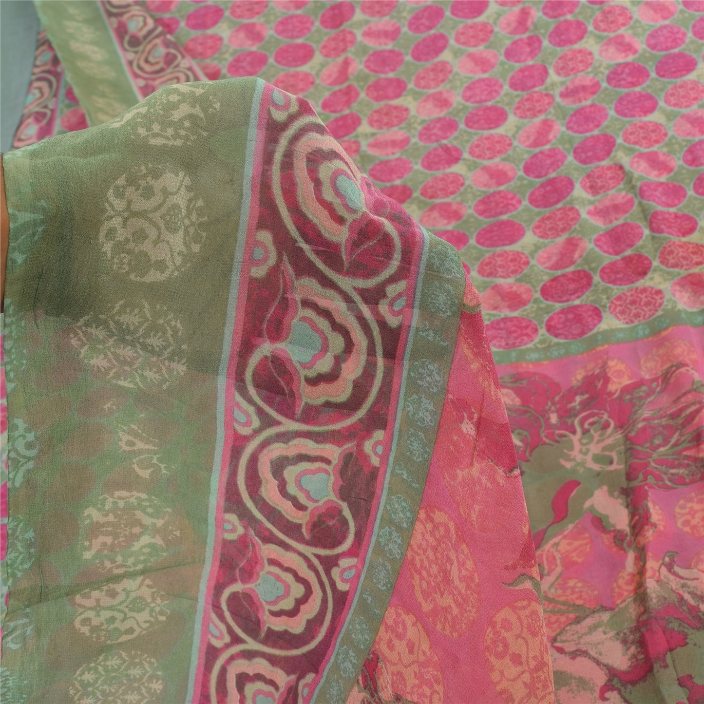 Sanskriti Vintage Sarees Pink/Green Pure Georgette Printed Sari 6yd Craft Fabric