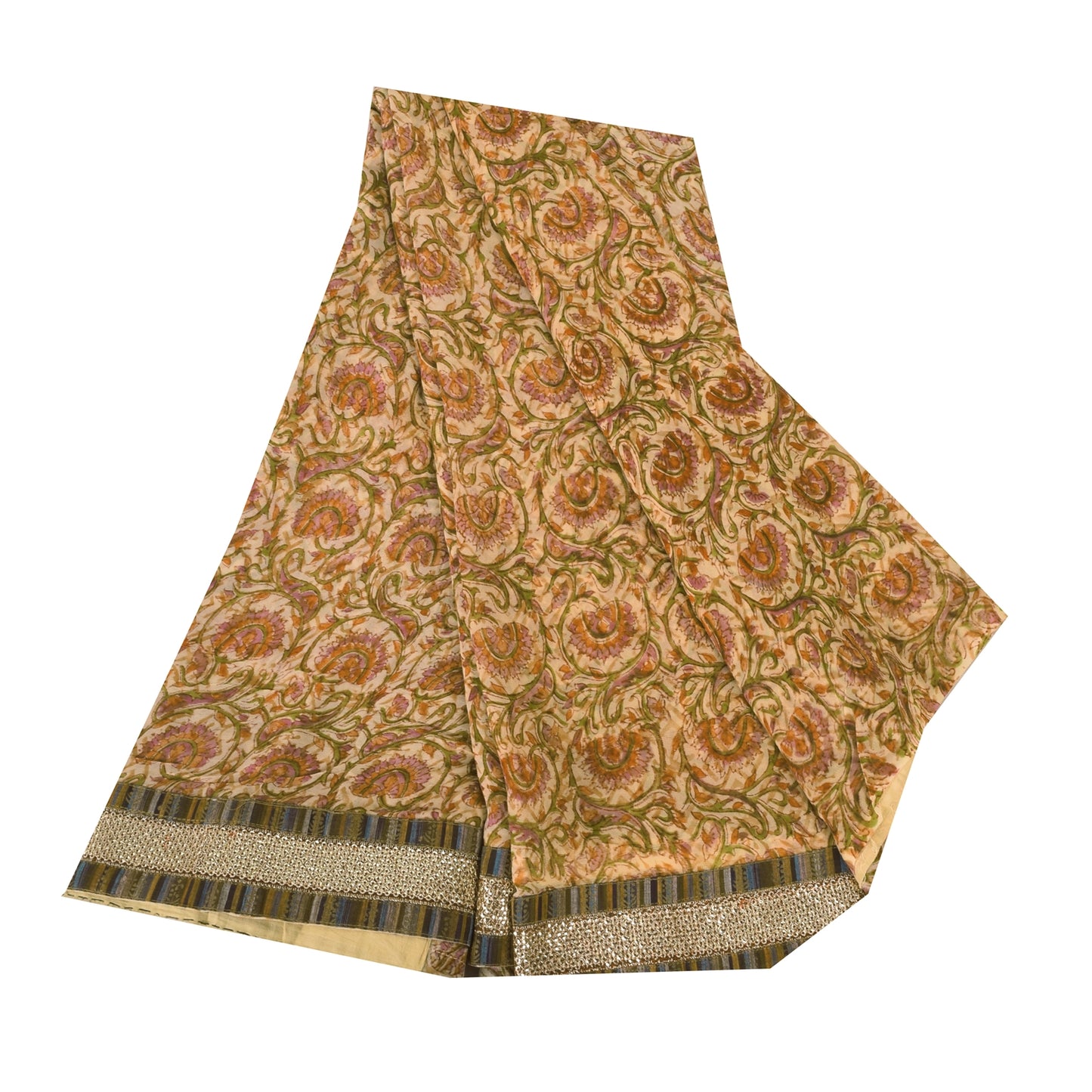 Sanskriti Vintage Sarees Peach Hand Block Print Pure Georgette Sari 5+yd Fabric