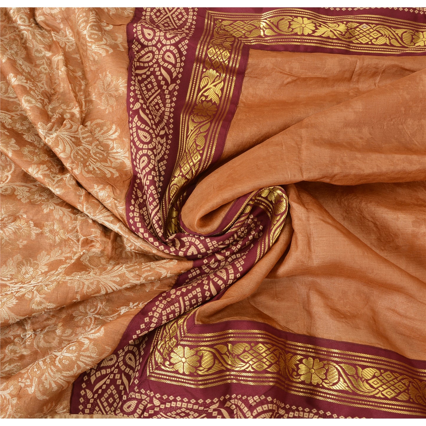 Sanskriti Vintage Dark Peach Sarees Pure Silk Hand Beaded Woven Sari 6yrd Fabric