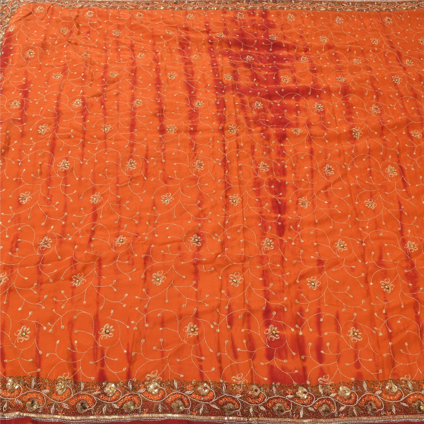 Sanskriti Vintage Sarees Pure Crepe Silk Hand Beaded Premium Sari Tie-Dye Fabric