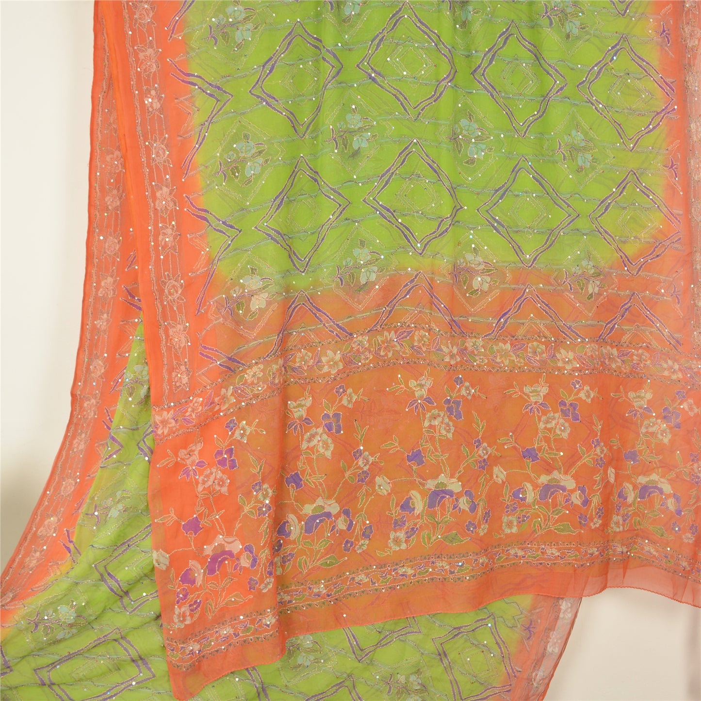 Sanskriti Vintage Sarees Pure Georgette Silk Hand Beaded Kantha Sari Fabric