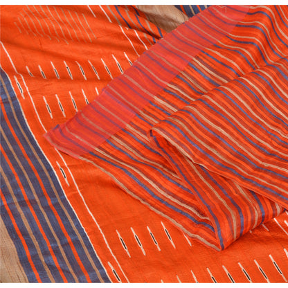 Sanskriti Vintage Orange/Blue Sarees 100% Pure Silk Hand Woven Sari Craft Fabric