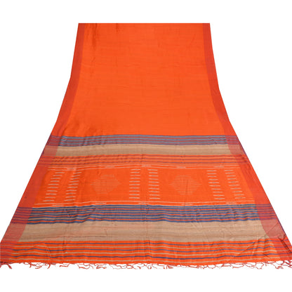 Sanskriti Vintage Orange/Blue Sarees 100% Pure Silk Hand Woven Sari Craft Fabric