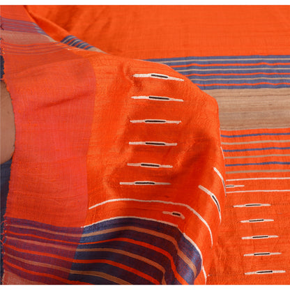 Sanskriti Vintage Orange/Blue Sarees 100% Pure Silk Hand Woven Sari Craft Fabric