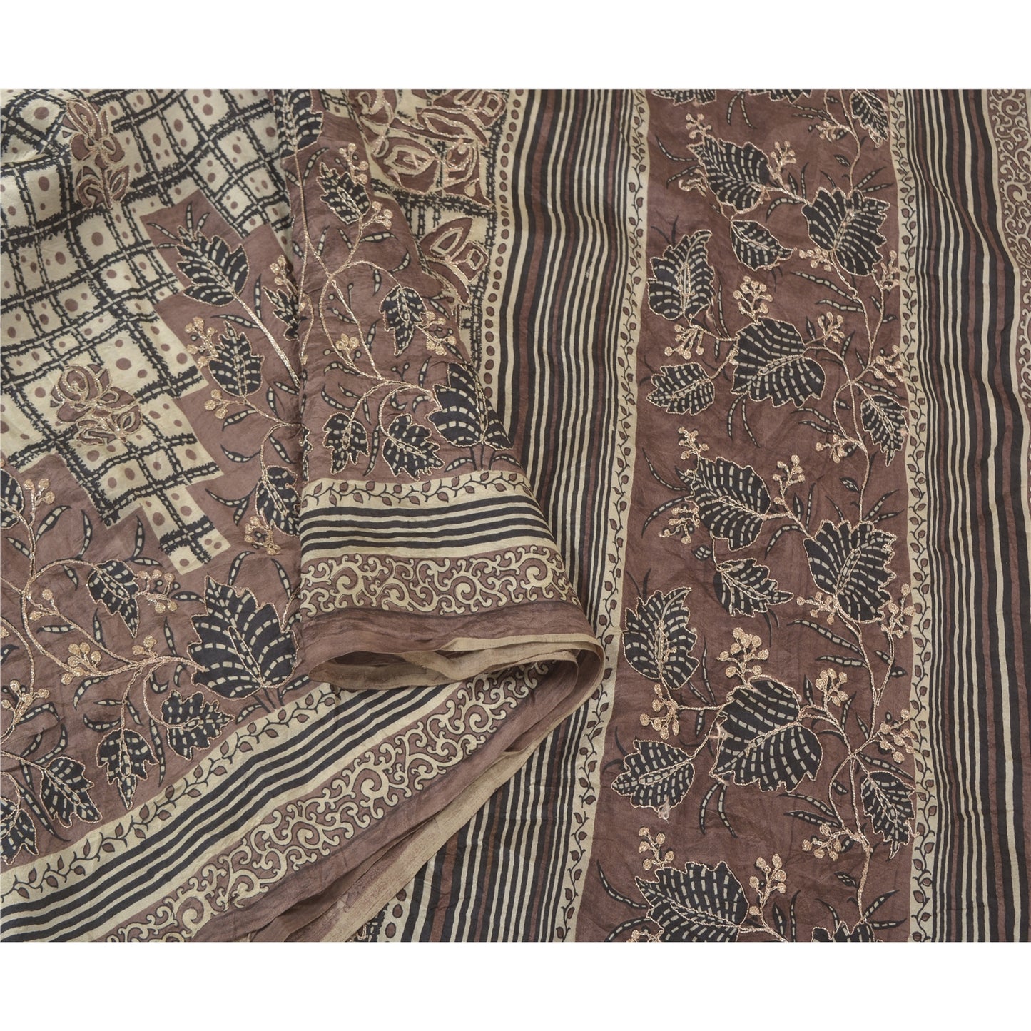 Sanskriti Vintage Brown Sarees 100% Pure Silk Embroidered Sari Craft Fabric