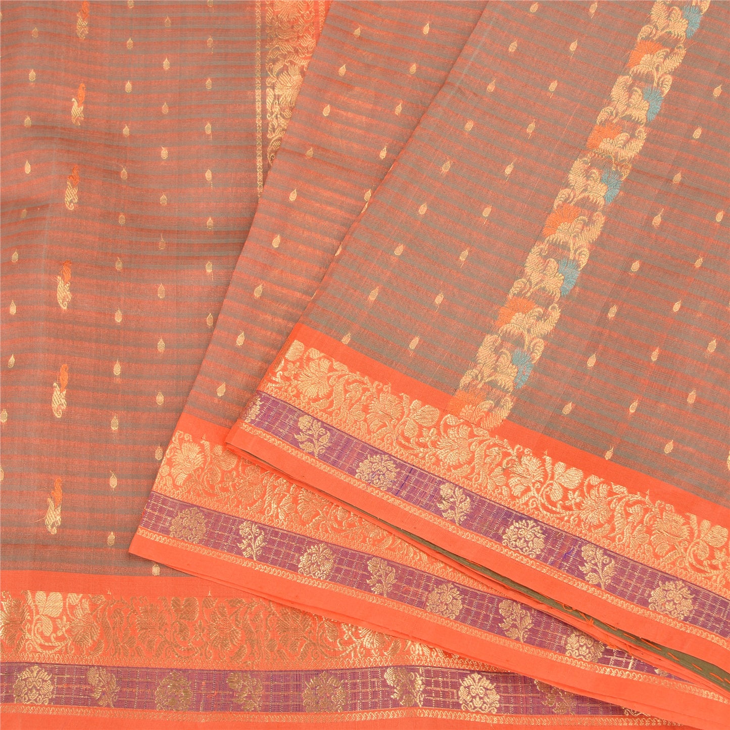 Sanskriti Vintage Orange Sarees 100% Pure Silk Woven Premium Sari Craft Fabric