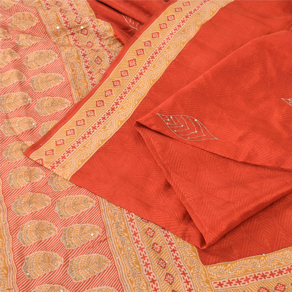 Sanskriti Vintage Orange/Cream Sarees 100Pure Silk Hand Beaded Sari Craft Fabric