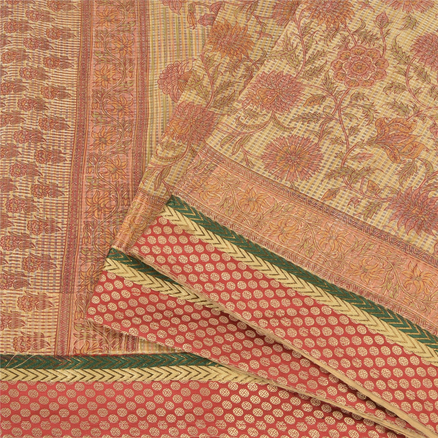 Sanskriti Vintage Sarees Peach Kota Woven Printed Cotton Sari 5yd Craft Fabric