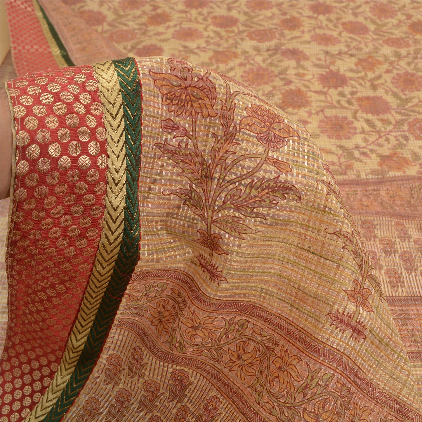 Sanskriti Vintage Sarees Peach Kota Woven Printed Cotton Sari 5yd Craft Fabric