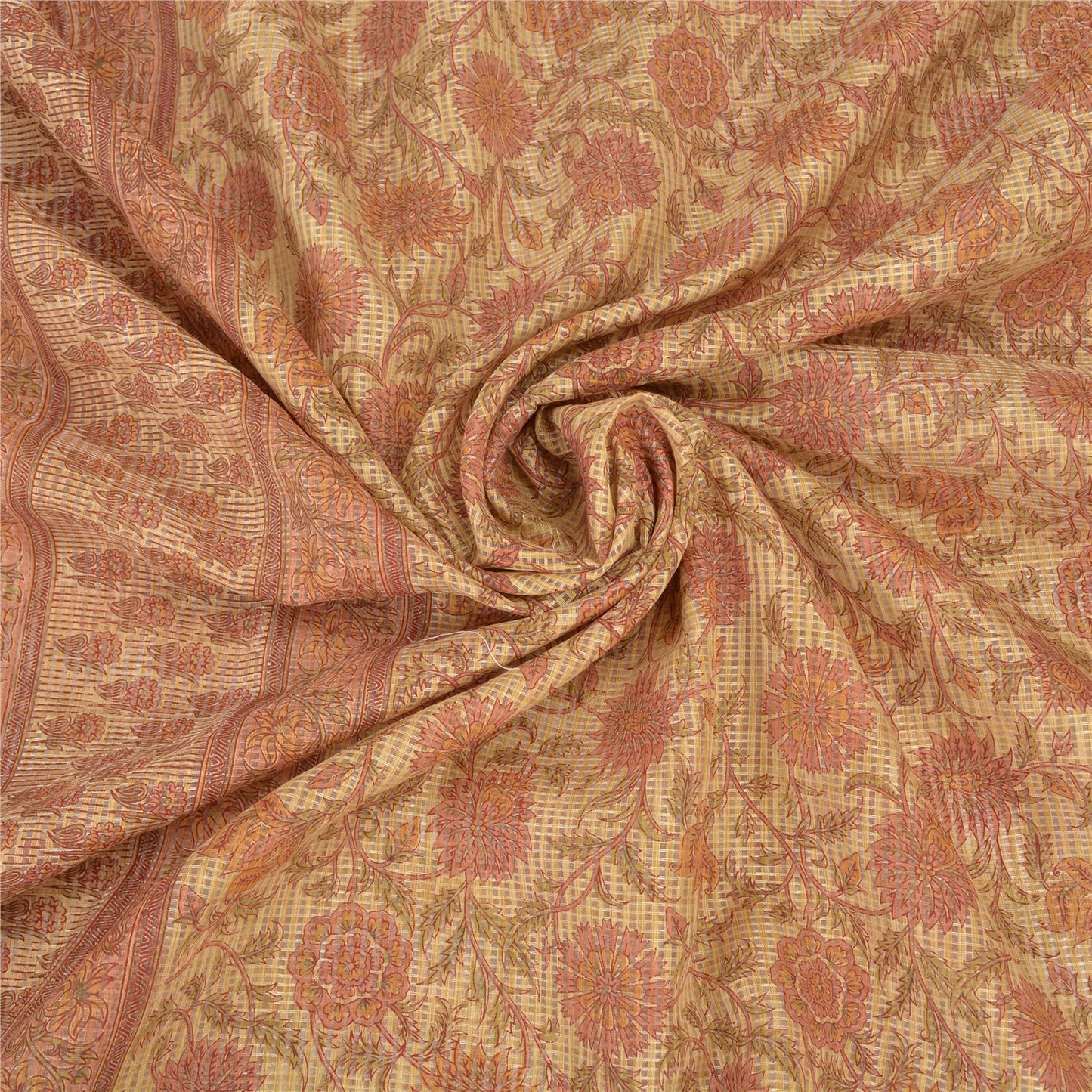 Sanskriti Vintage Sarees Peach Kota Woven Printed Cotton Sari 5yd Craft Fabric