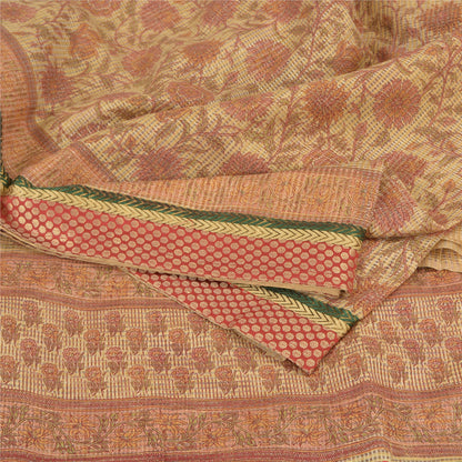 Sanskriti Vintage Sarees Peach Kota Woven Printed Cotton Sari 5yd Craft Fabric