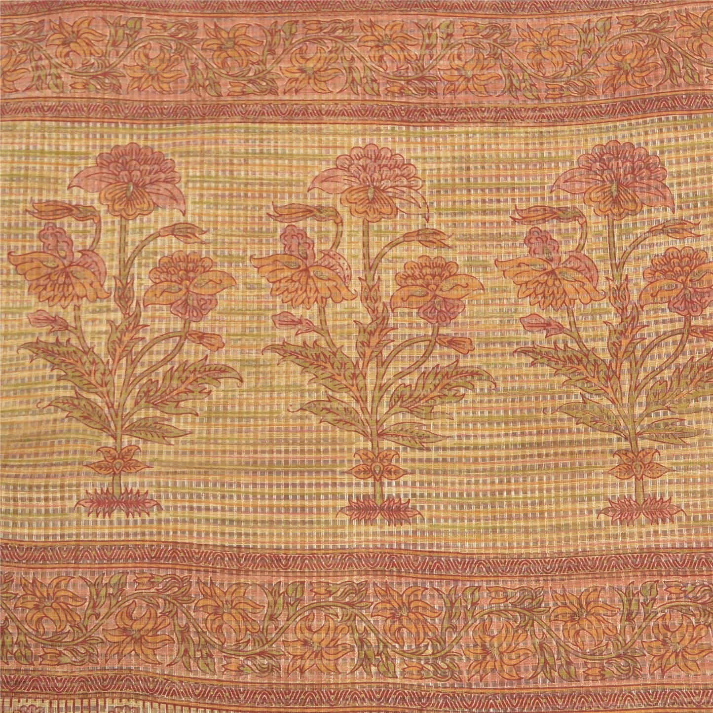 Sanskriti Vintage Sarees Peach Kota Woven Printed Cotton Sari 5yd Craft Fabric