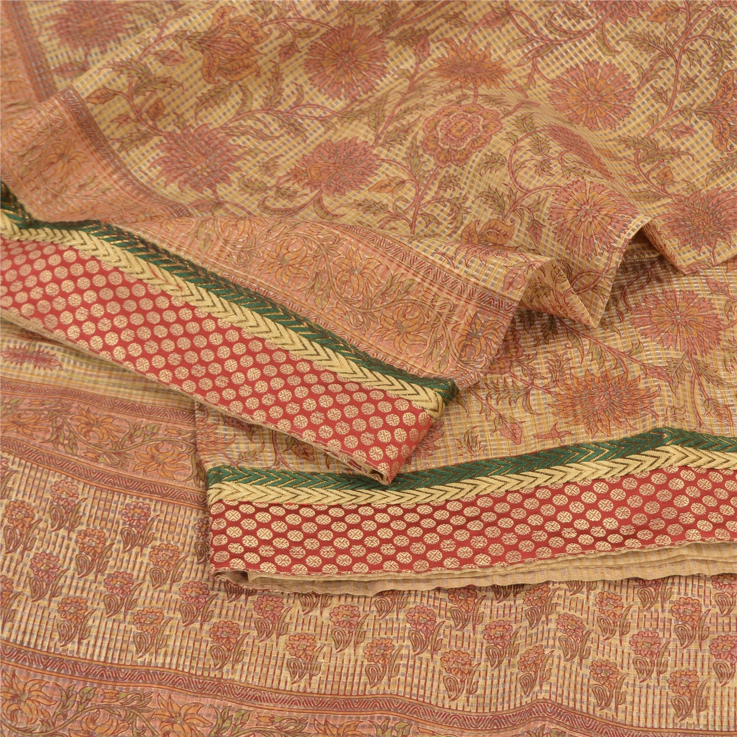 Sanskriti Vintage Sarees Peach Kota Woven Printed Cotton Sari 5yd Craft Fabric