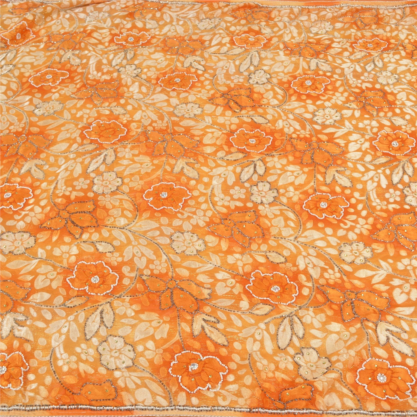 Sanskriti Vintage Yellow Sarees Art Silk Hand Beaded Brasso Sari Craft Fabric