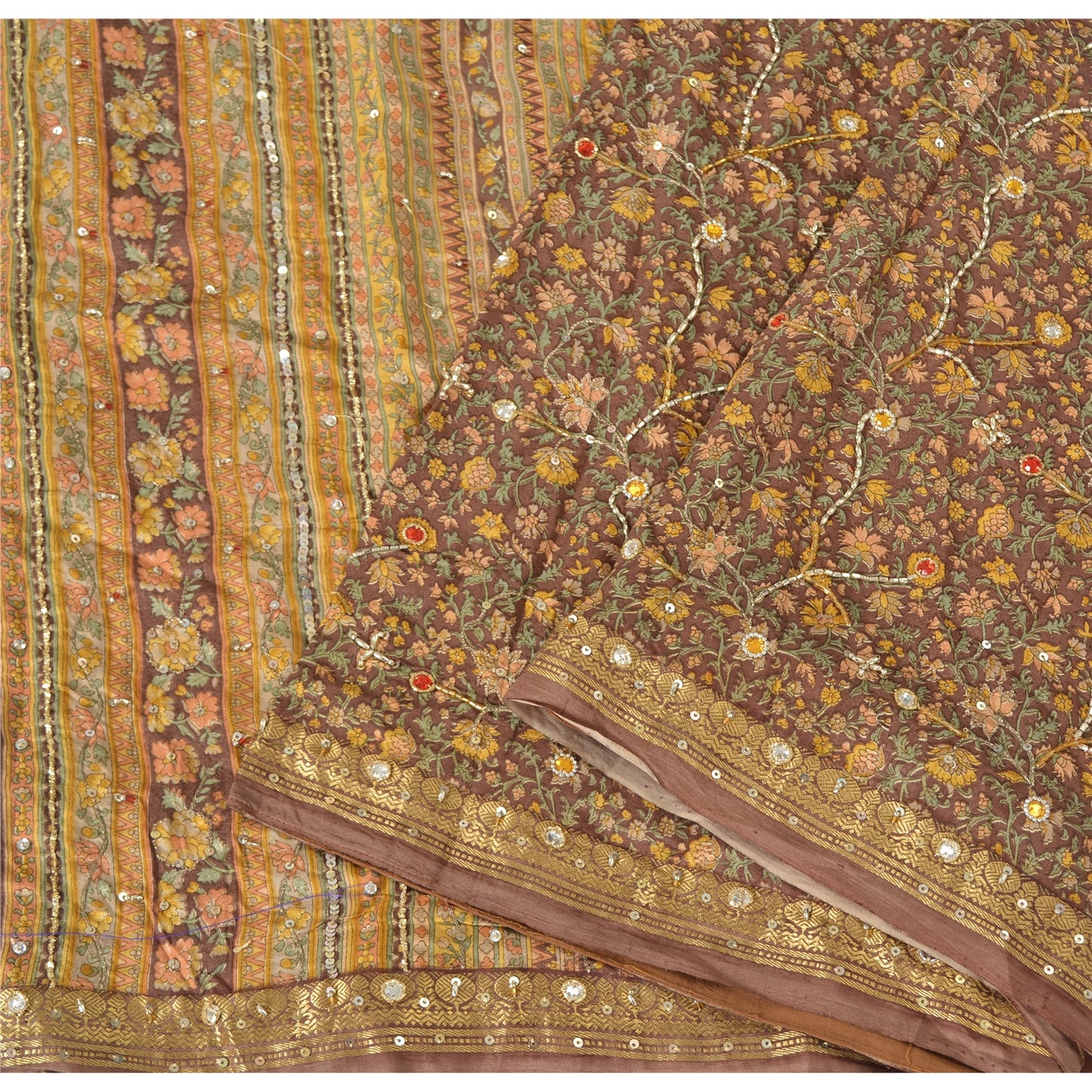 Sanskriti Vintage Brown Sarees Pure Silk Hand Beaded Premium Sari Craft Fabric