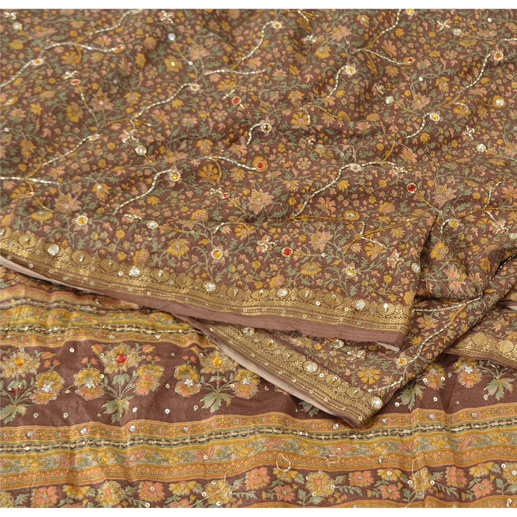 Sanskriti Vintage Brown Sarees Pure Silk Hand Beaded Premium Sari Craft Fabric