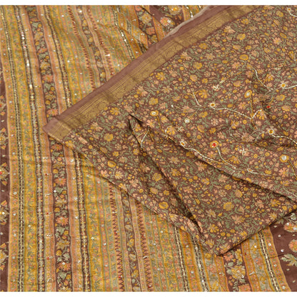 Sanskriti Vintage Brown Sarees Pure Silk Hand Beaded Premium Sari Craft Fabric