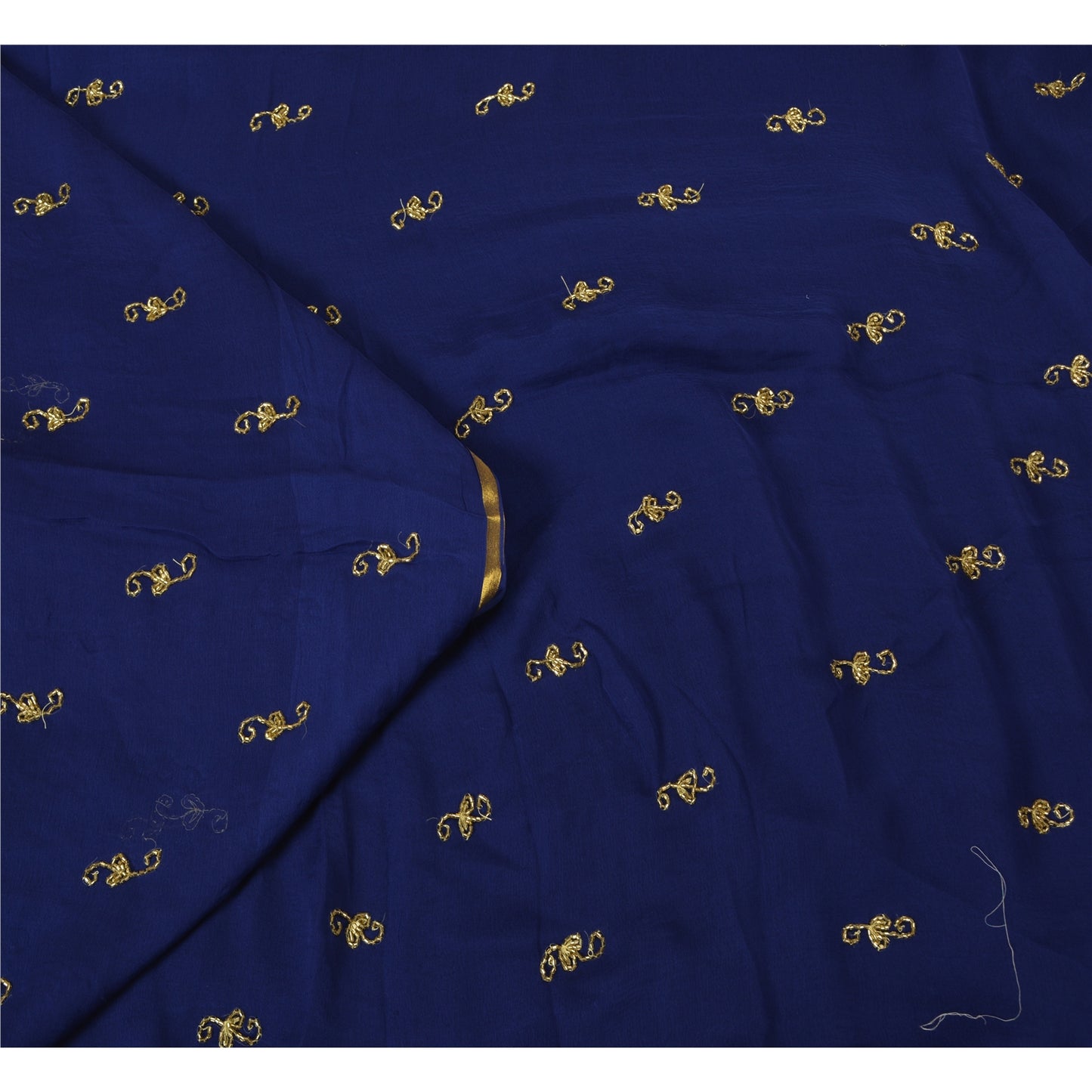 Sanskriti Vintage Blue Sarees Pure Chiffon Silk Hand Beaded Sari Craft Fabric