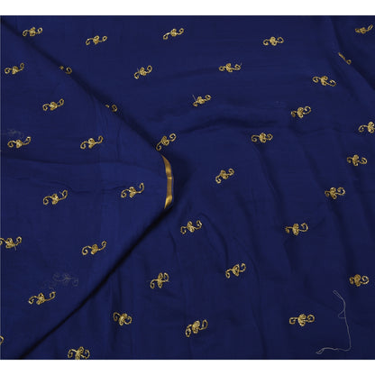 Sanskriti Vintage Blue Sarees Pure Chiffon Silk Hand Beaded Sari Craft Fabric