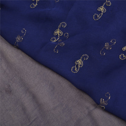 Sanskriti Vintage Blue Sarees Pure Chiffon Silk Hand Beaded Sari Craft Fabric