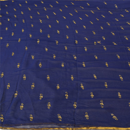 Sanskriti Vintage Blue Sarees Pure Chiffon Silk Hand Beaded Sari Craft Fabric