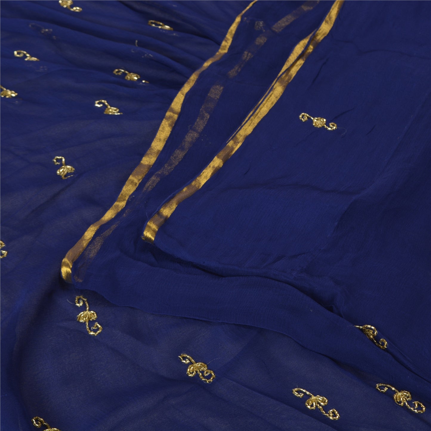 Sanskriti Vintage Blue Sarees Pure Chiffon Silk Hand Beaded Sari Craft Fabric