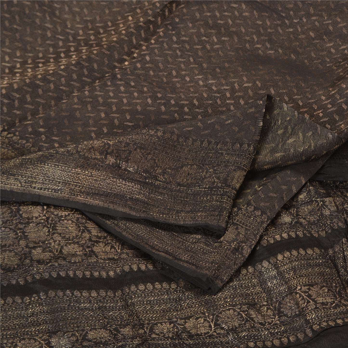 Sanskriti Vintage Black Sarees Pure Silk Woven Brocade/Banarasi Zari Sari Fabric