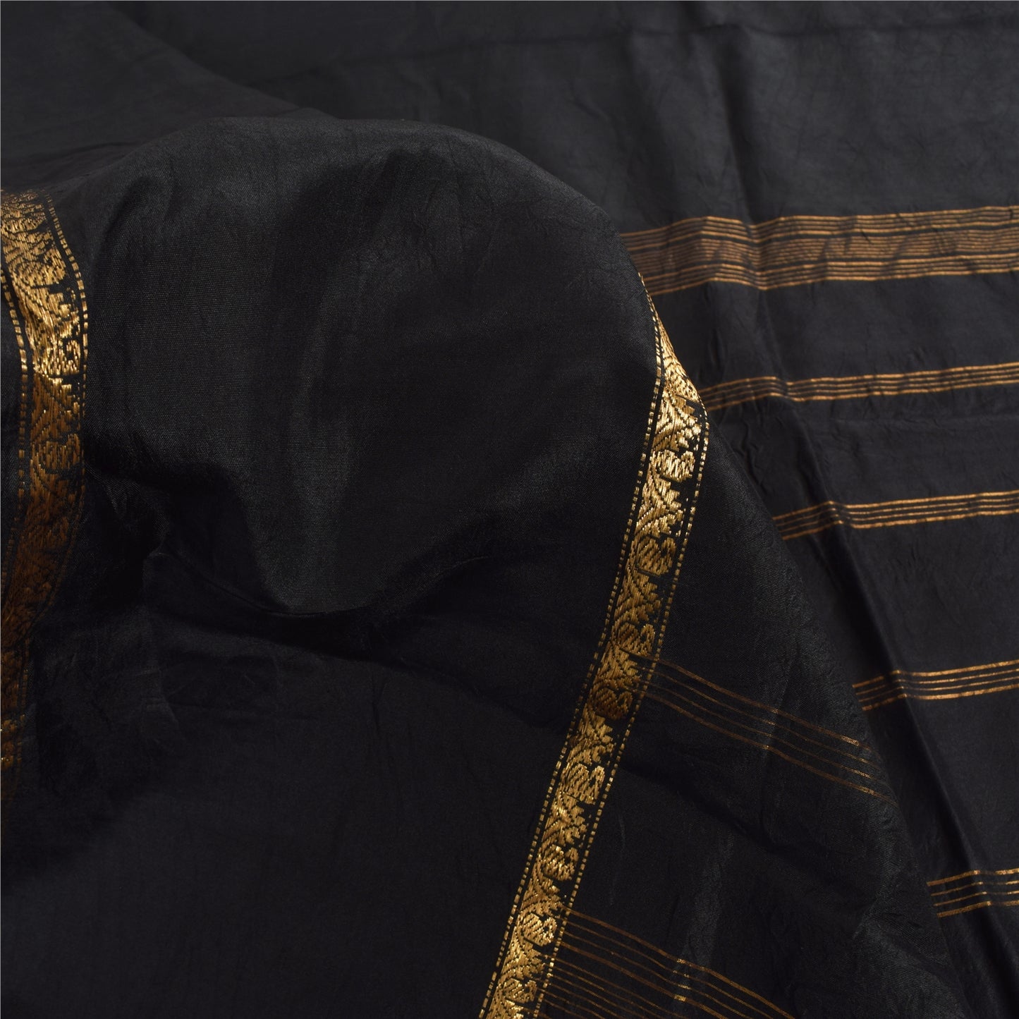 Sanskriti Vintage Black Sarees Pure Silk Woven Brocade/Banarasi Sari 5yd Fabric