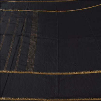 Sanskriti Vintage Black Sarees Pure Silk Woven Brocade/Banarasi Sari 5yd Fabric