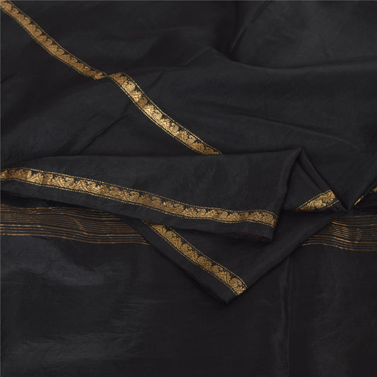 Sanskriti Vintage Black Sarees Pure Silk Woven Brocade/Banarasi Sari 5yd Fabric