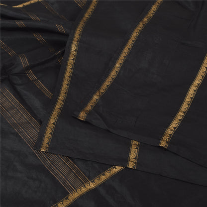 Sanskriti Vintage Black Sarees Pure Silk Woven Brocade/Banarasi Sari 5yd Fabric