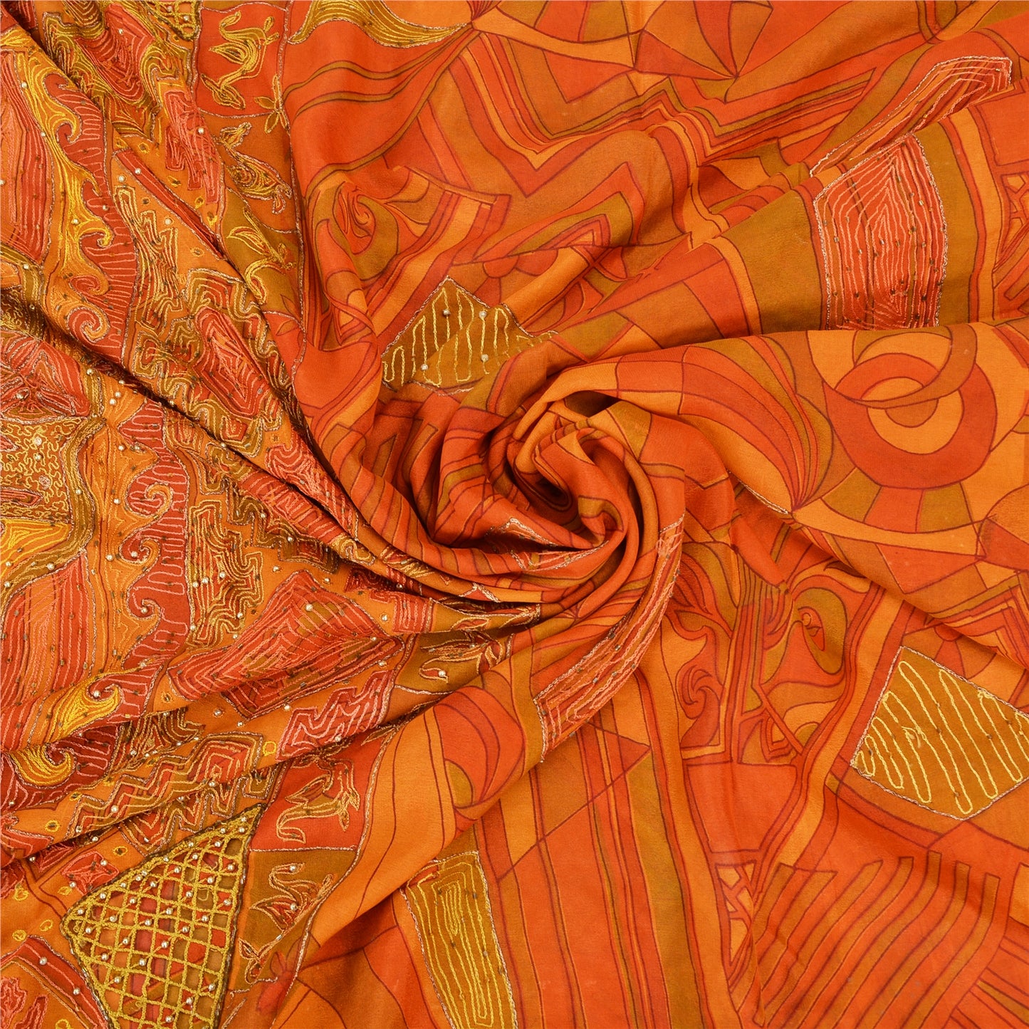 Sanskriti Vintage Saffron Sarees Pure Silk Hand Beaded Premium Sari Craft Fabric