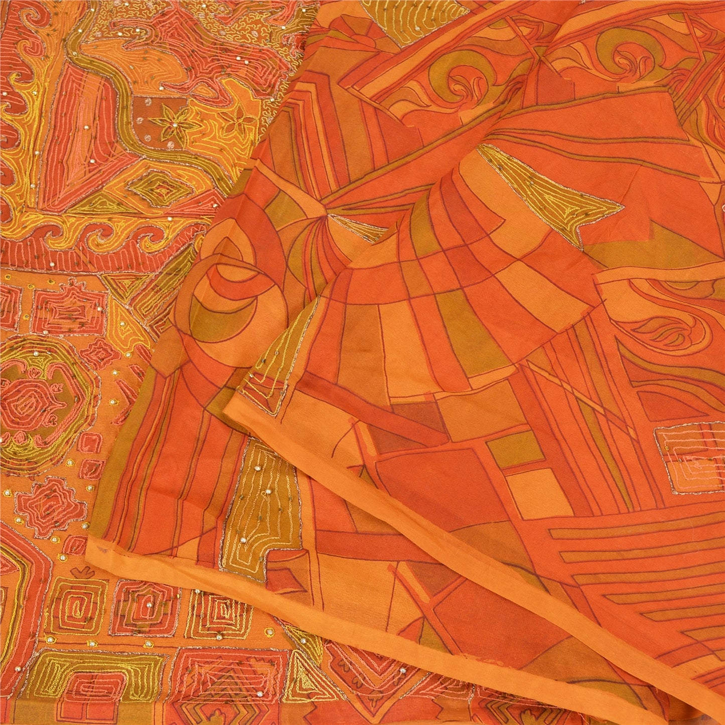 Sanskriti Vintage Saffron Sarees Pure Silk Hand Beaded Premium Sari Craft Fabric