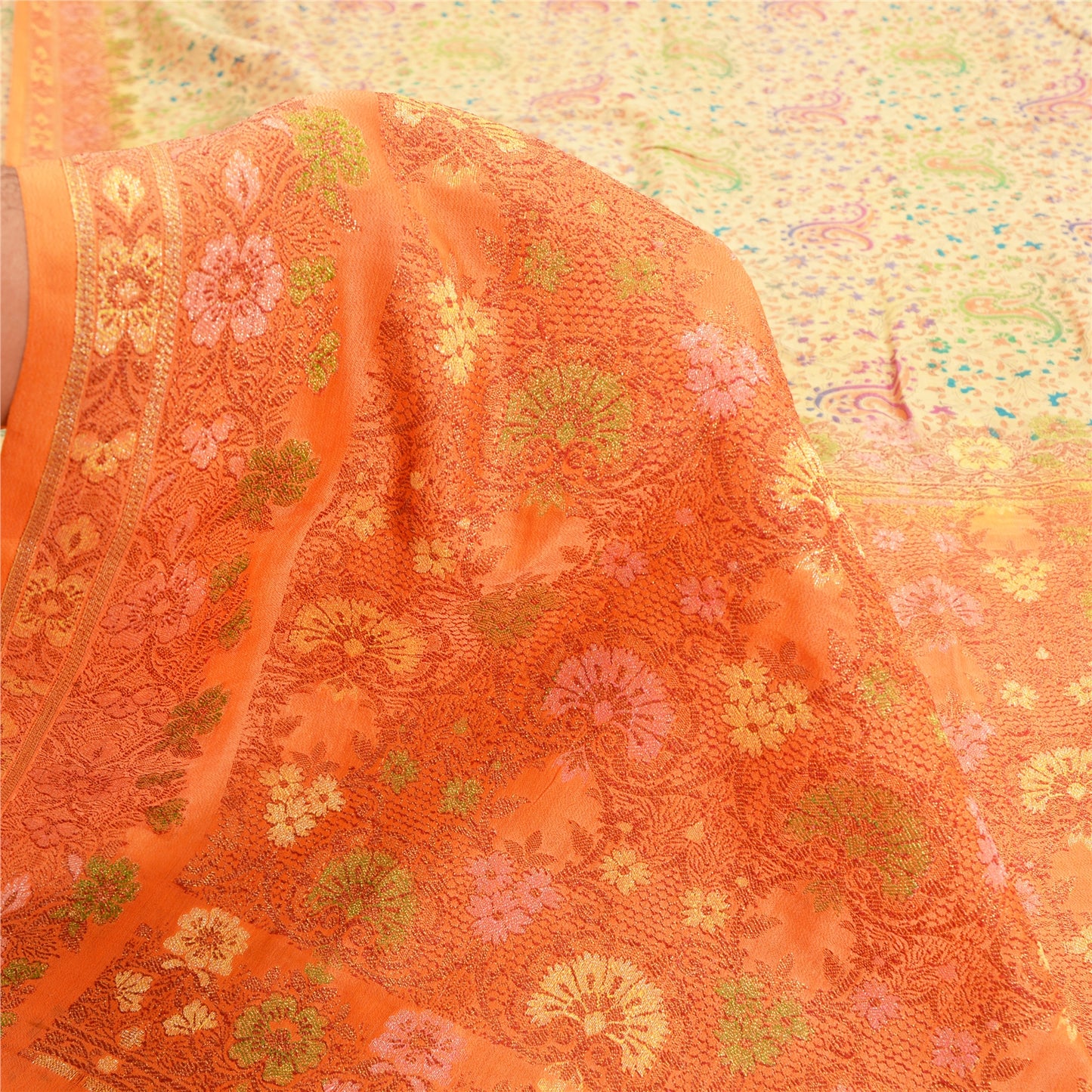 Sanskriti Vintage Orange/Ivory Sarees 100% Pure Silk Woven Premium Sari Fabric