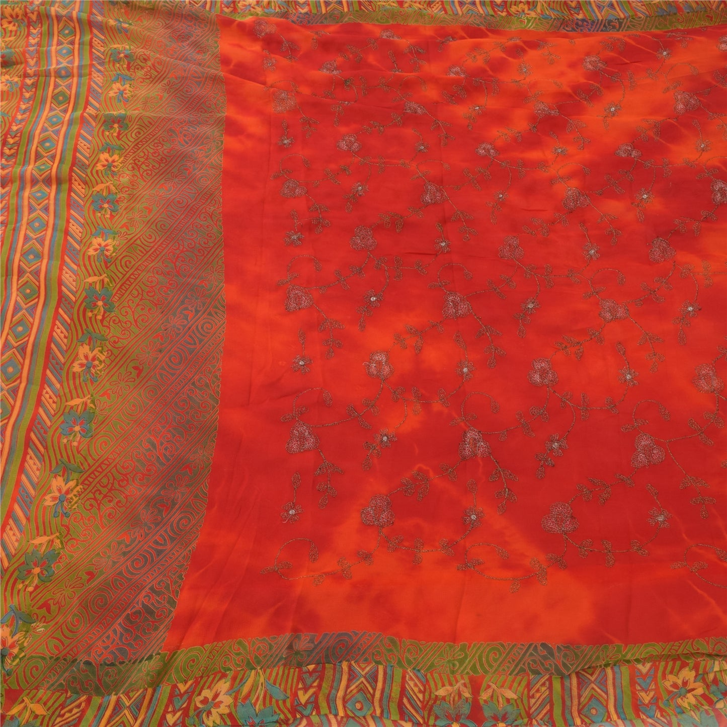 Sanskriti Vintage Sarees Pure Georgette Silk Embroidered Tie-Dye Sari 5yd Fabric