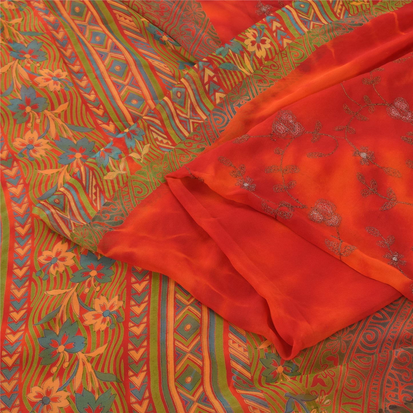 Sanskriti Vintage Sarees Pure Georgette Silk Embroidered Tie-Dye Sari 5yd Fabric