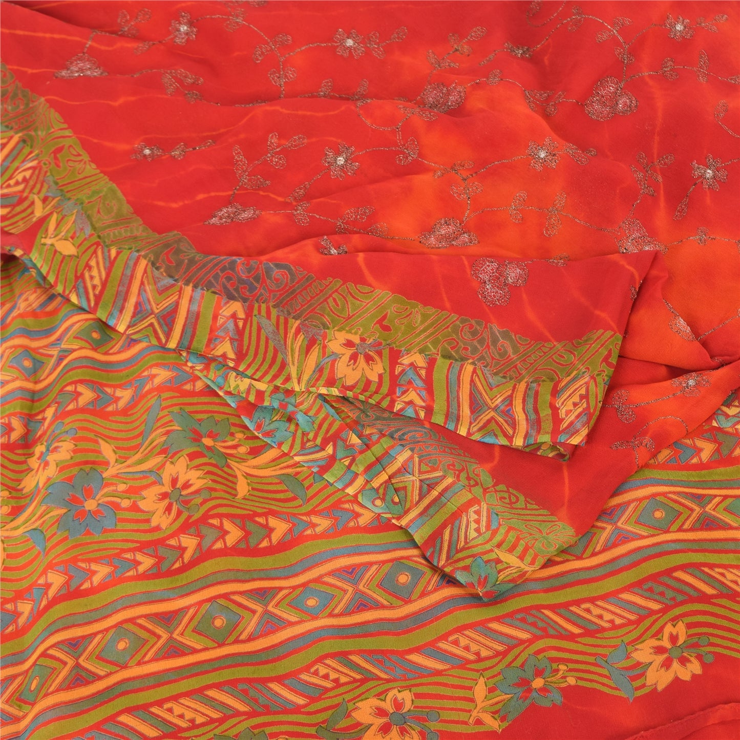 Sanskriti Vintage Sarees Pure Georgette Silk Embroidered Tie-Dye Sari 5yd Fabric