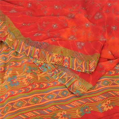 Sanskriti Vintage Sarees Pure Georgette Silk Embroidered Tie-Dye Sari 5yd Fabric