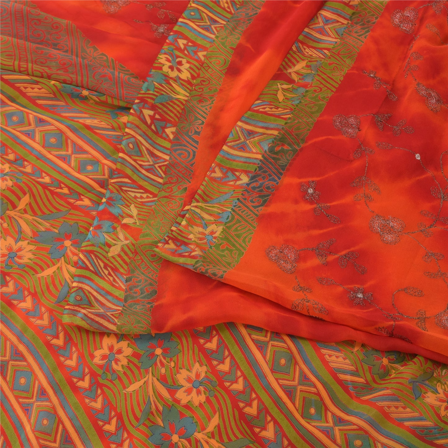 Sanskriti Vintage Sarees Pure Georgette Silk Embroidered Tie-Dye Sari 5yd Fabric