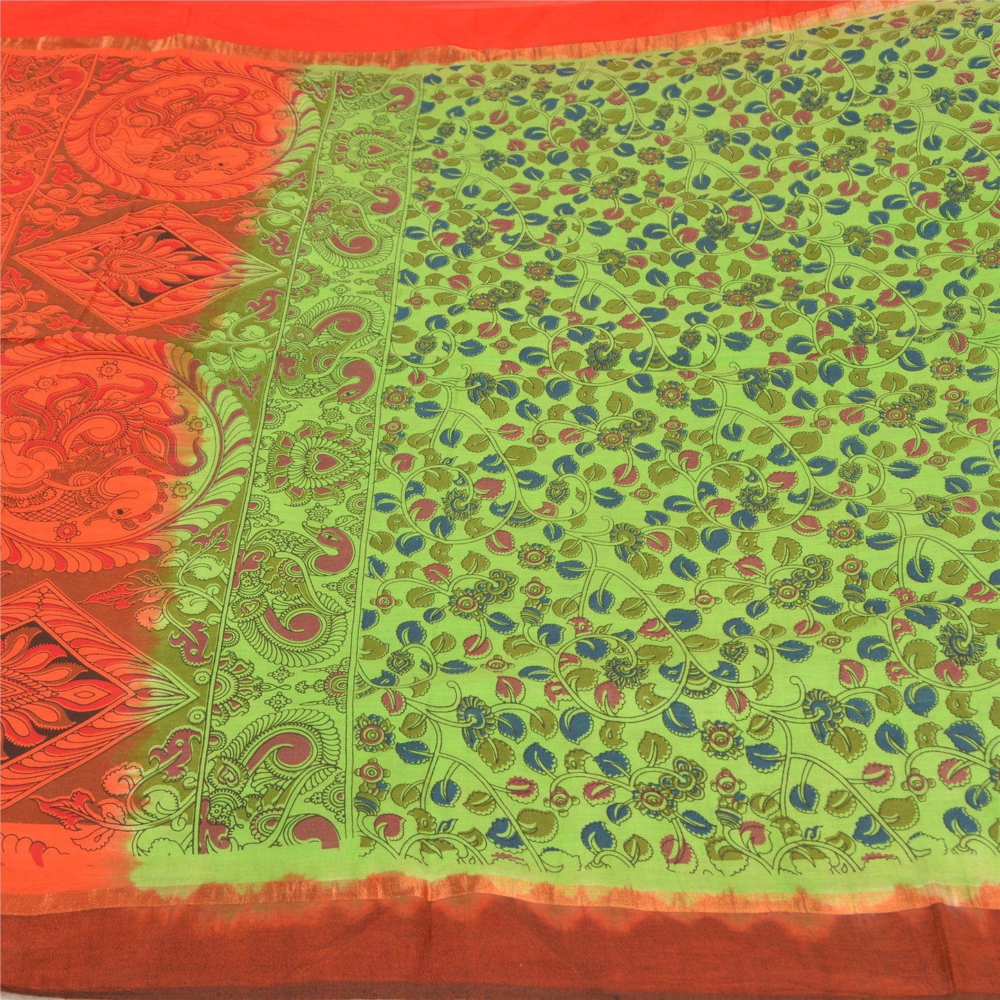 Sanskriti Vintage Green/Orange Sarees Pure Cotton Handmade Kalamkari Sari Fabric