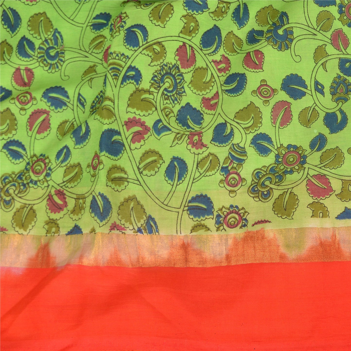 Sanskriti Vintage Green/Orange Sarees Pure Cotton Handmade Kalamkari Sari Fabric