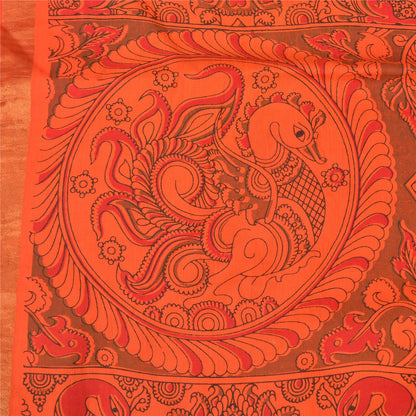 Sanskriti Vintage Green/Orange Sarees Pure Cotton Handmade Kalamkari Sari Fabric